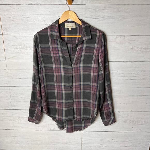 Anthropologie Cloth & Stone Top Womens Size Medium Gray & Pink Plaid Flannel - Picture 4 of 16